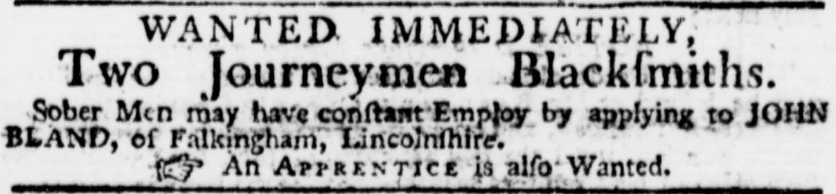 John Bland blacksmith wanted advert