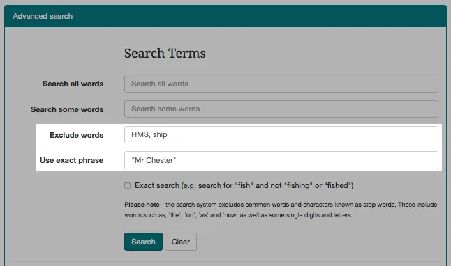 Advanced search screen