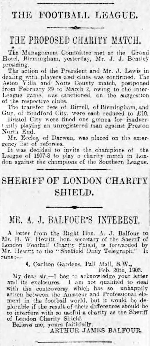 The introduction of the FA Charity Shield, reported in the Sheffield Evening Telegraph in 1908.
