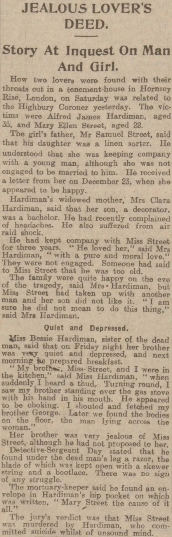 The Dundee Courier reported the tragic story of Alfred Hardiman and Mary Street in 1923.