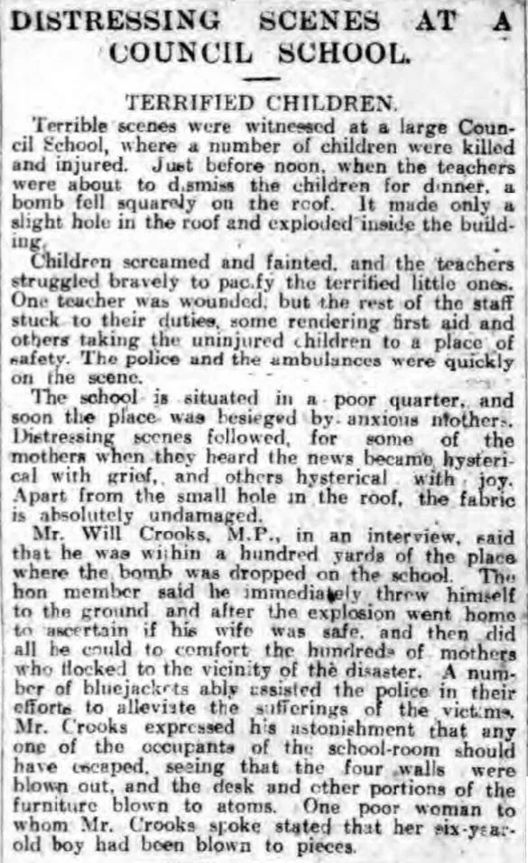 Distressing scenes were reported in newspapers following an air raid in 1917