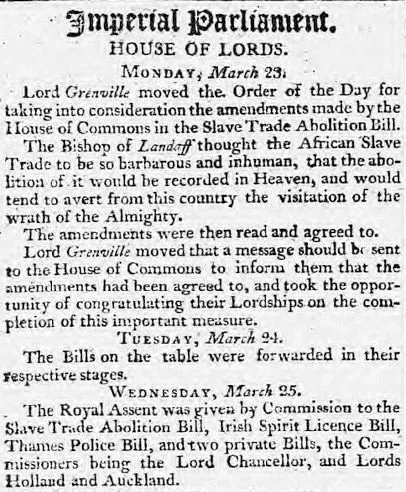 Newspaper report about the abolition of the slave trade