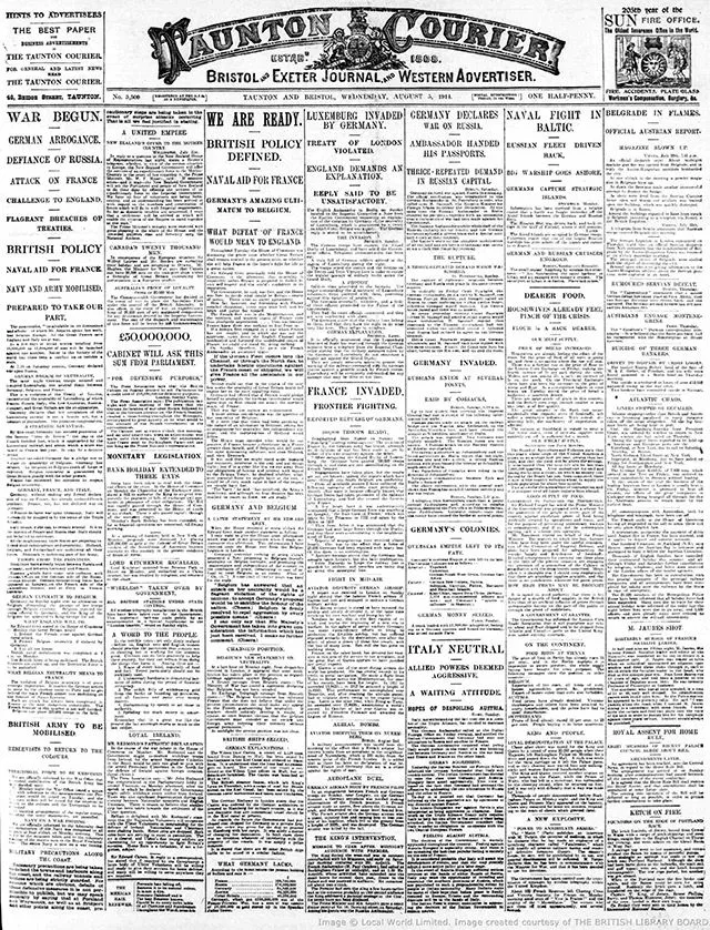 The front page of the Taunton Courier on 5 August 1914