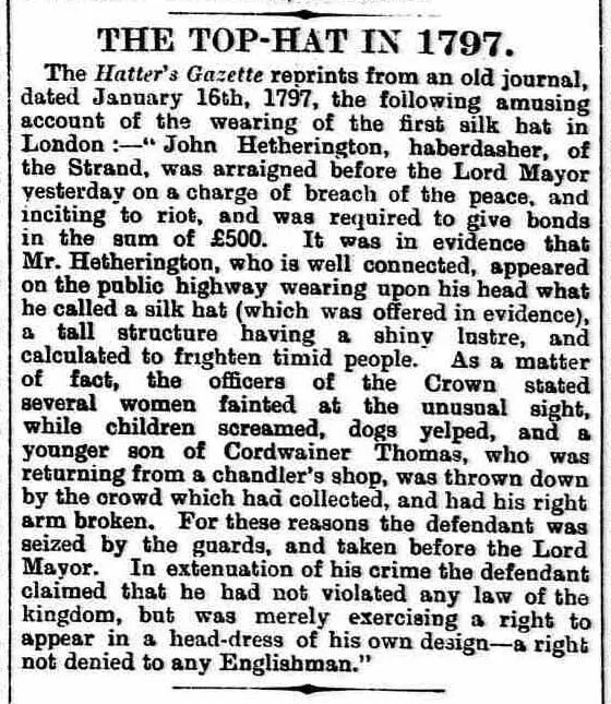 Article in the Huddersfield Chronicle about the first top hat