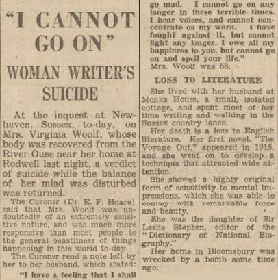 Virginia Woolf's suicide note, printed in the Gloucestershire Echo