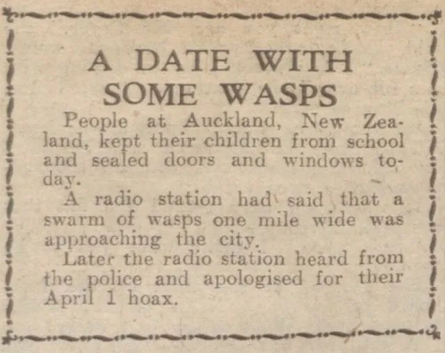 A mile-wide wasp storm was reported on April Fools Day in 1949