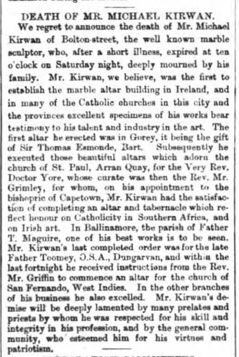 The Evening Freeman 1 April 1867 Michael Freeman death