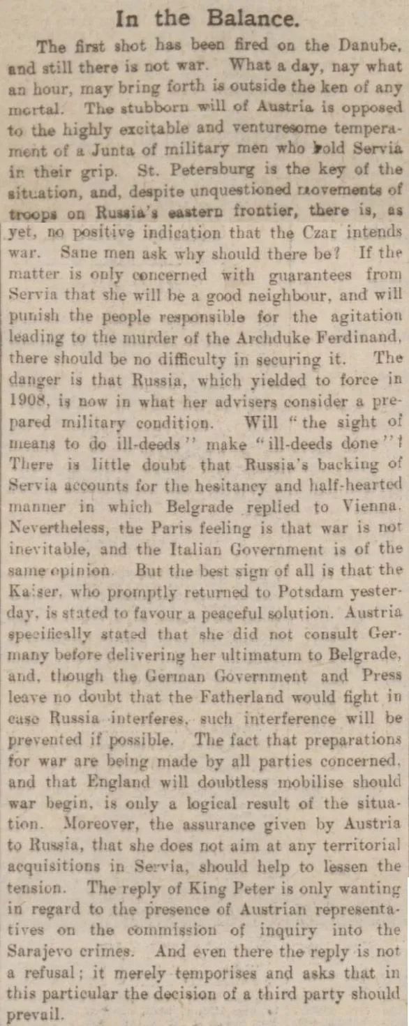 The Manchester Courier and Lancashire General Advertiser reported that peace was still possible on the day WW1 started