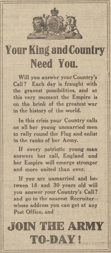 WW1 advert printed in the Manchester Evening News