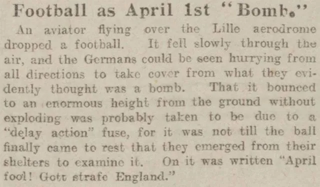 A football is dropped as an April Fools joke during WW1