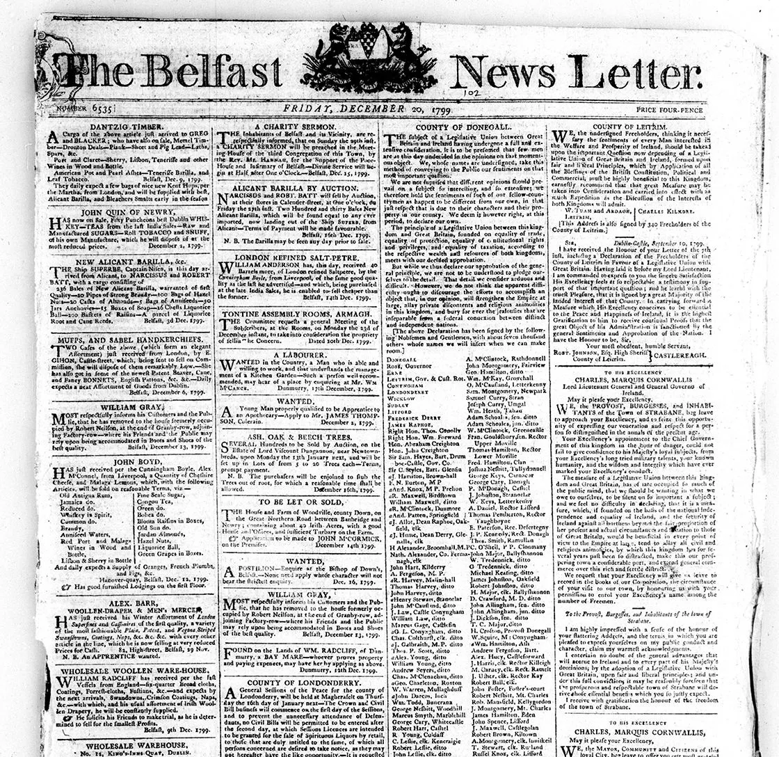 Front page of the Belfast News-Letter from 20 December 1799