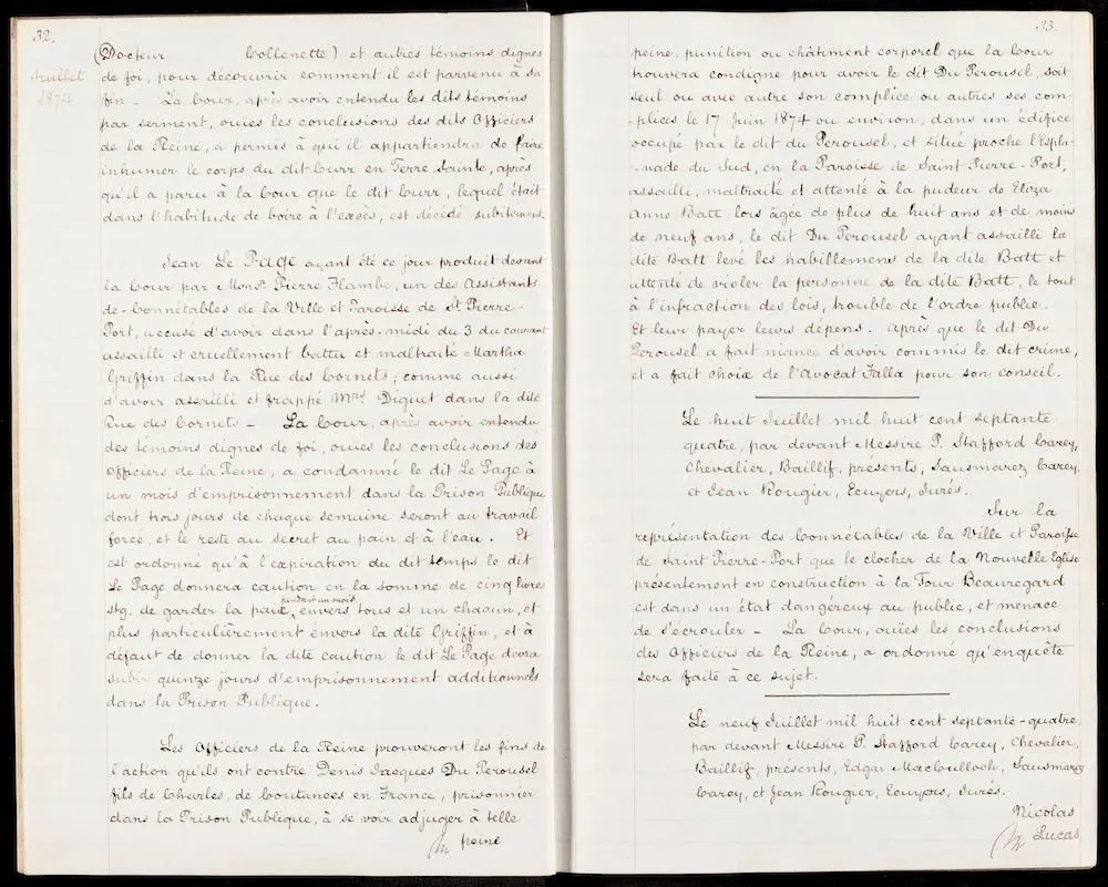 Handwritten page from a 1874-1878 crime book from the Greffe