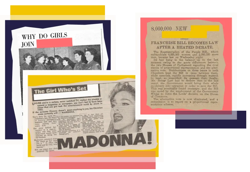 A group of newspaper clippings about women from history