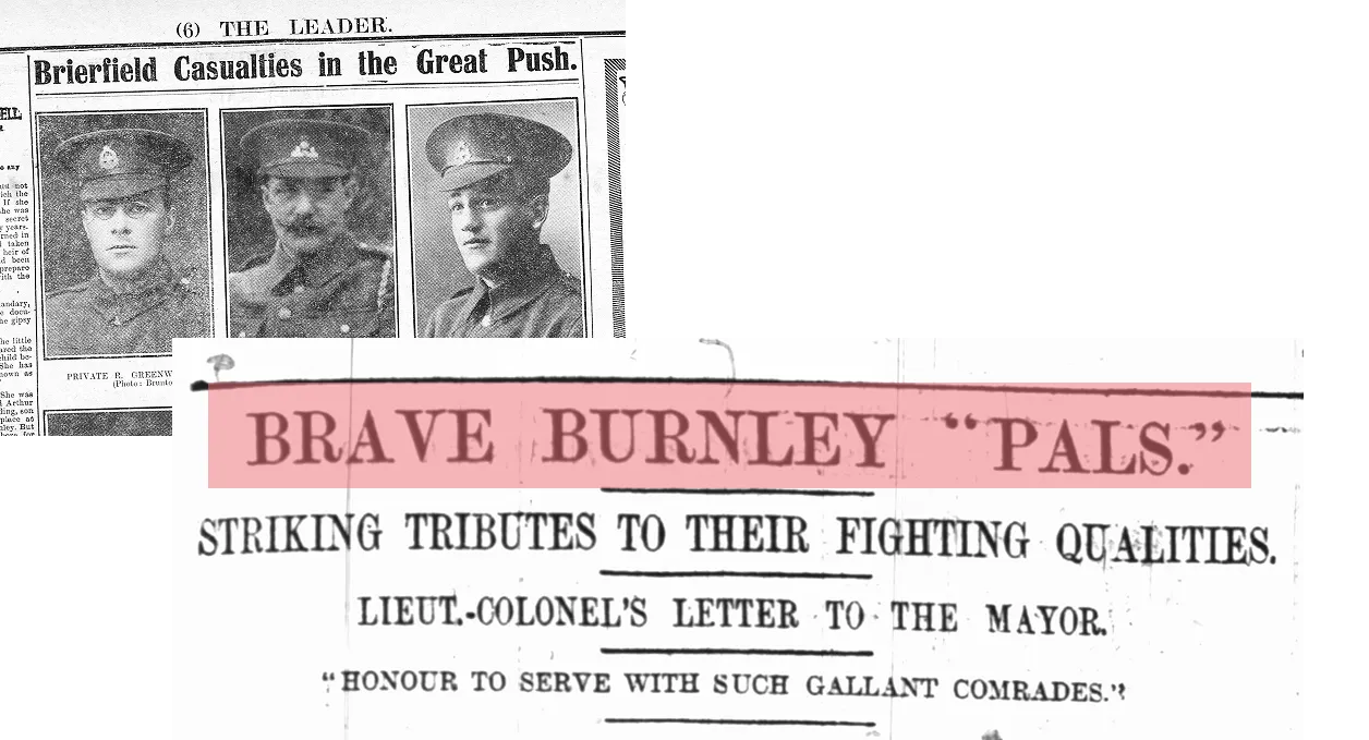 Newspaper clippings about the burnley Pals
