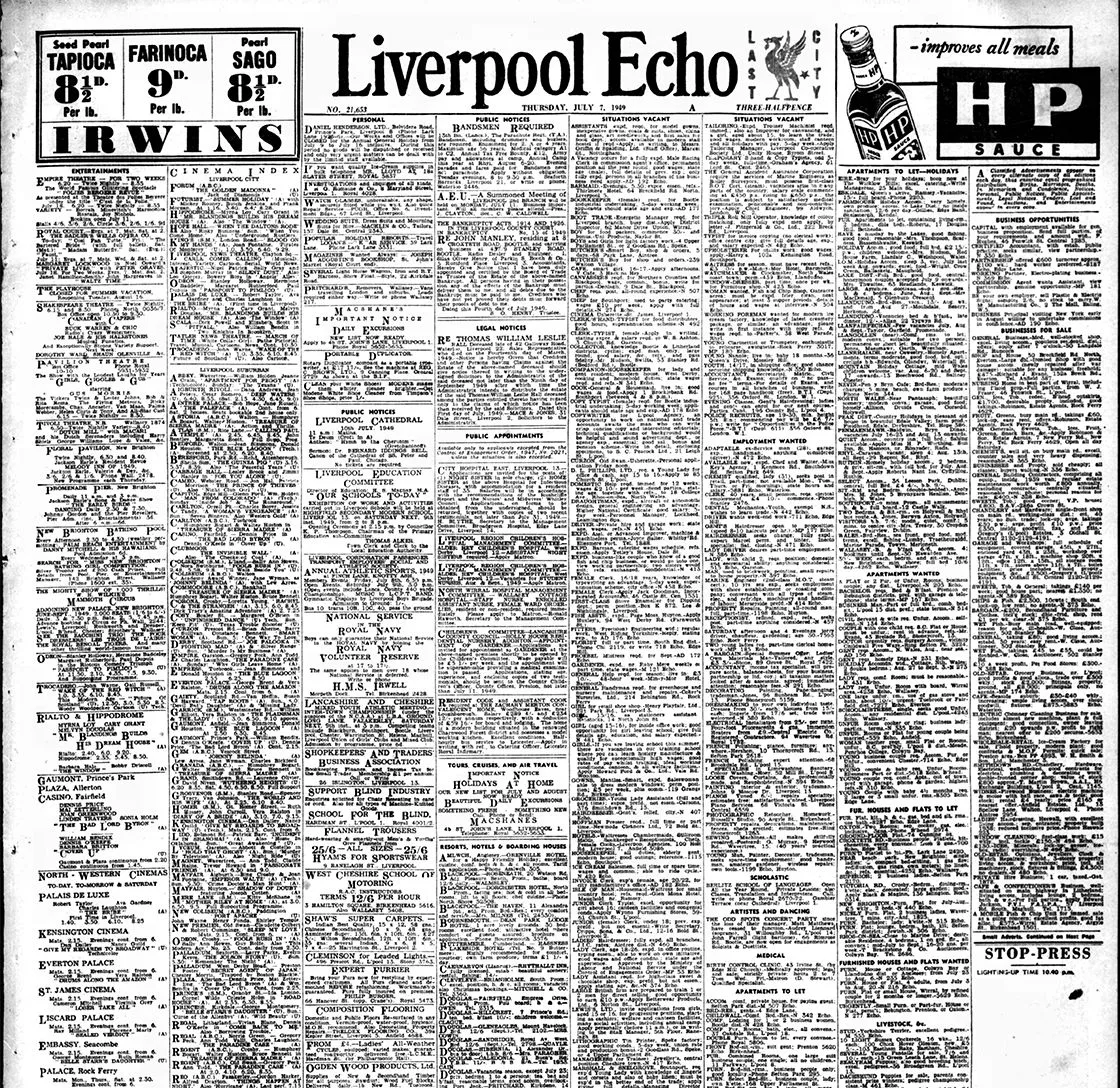 Front page of the Liverpool Echo from 7 July 1949