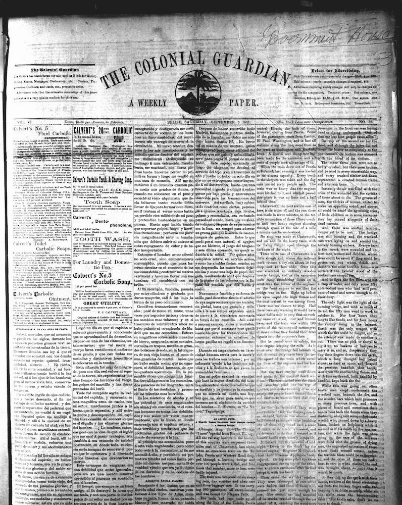 Front page of the Colonial Guardian (Belize) from 3 September 1887