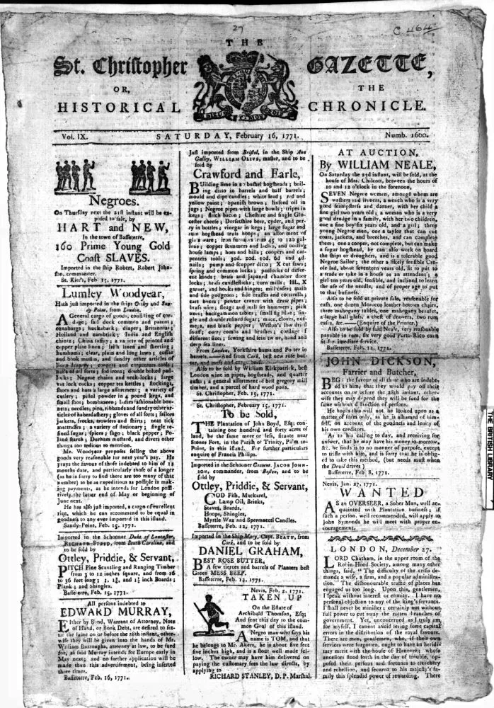 Front page of the St. Christopher Gazette from 16 February 1771