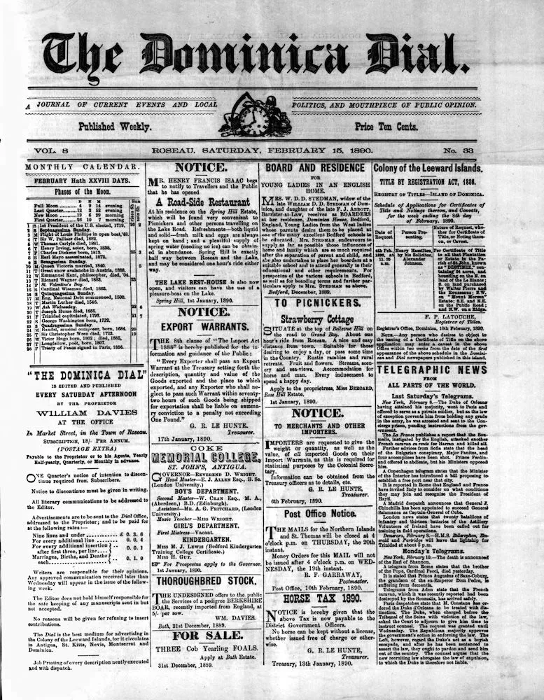 Front page of the Dominica Dial from 15 February 1890