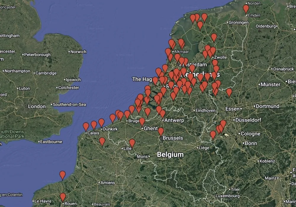 Pins on a map of nowadays Netherlands 