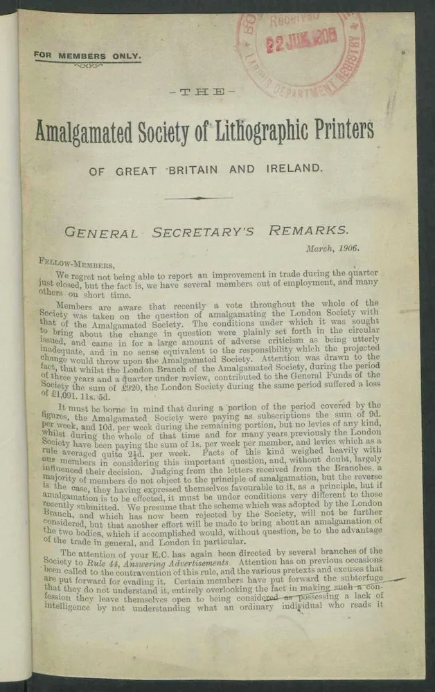 Typed page from a 1906 document for members of ‘The Amalgamated Society of Lithographic Printers’ discussing employment and finances