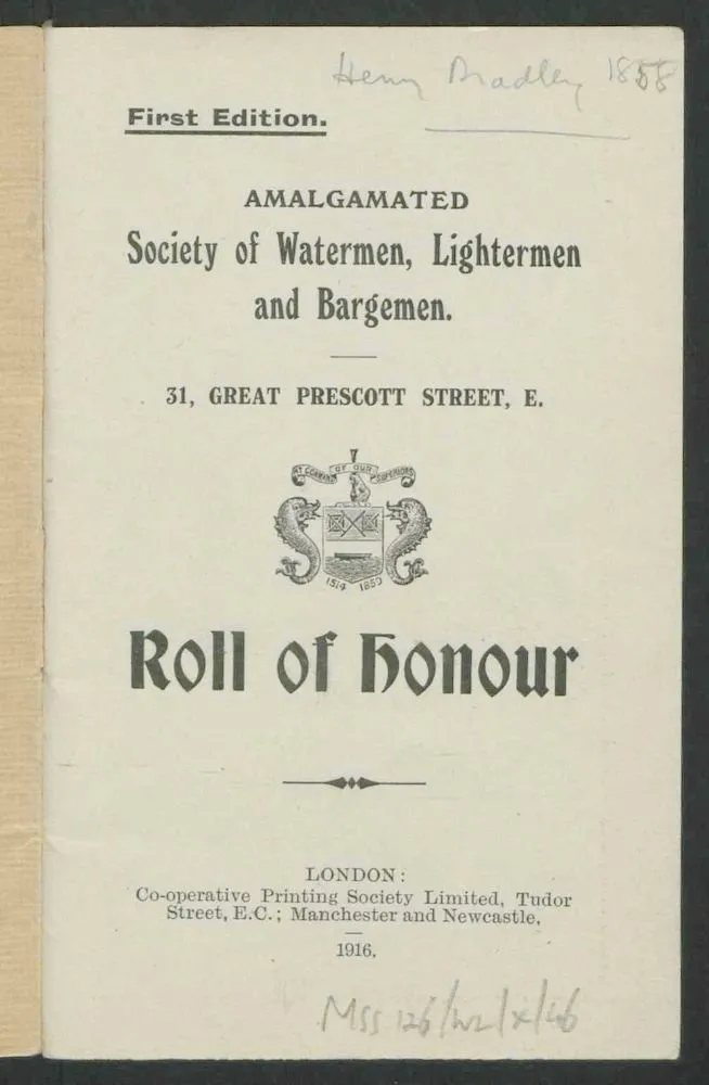 Printed text on paper from the Roll of Honour of the Amalgamated Society of Watermen, Lightermen and Bargemen