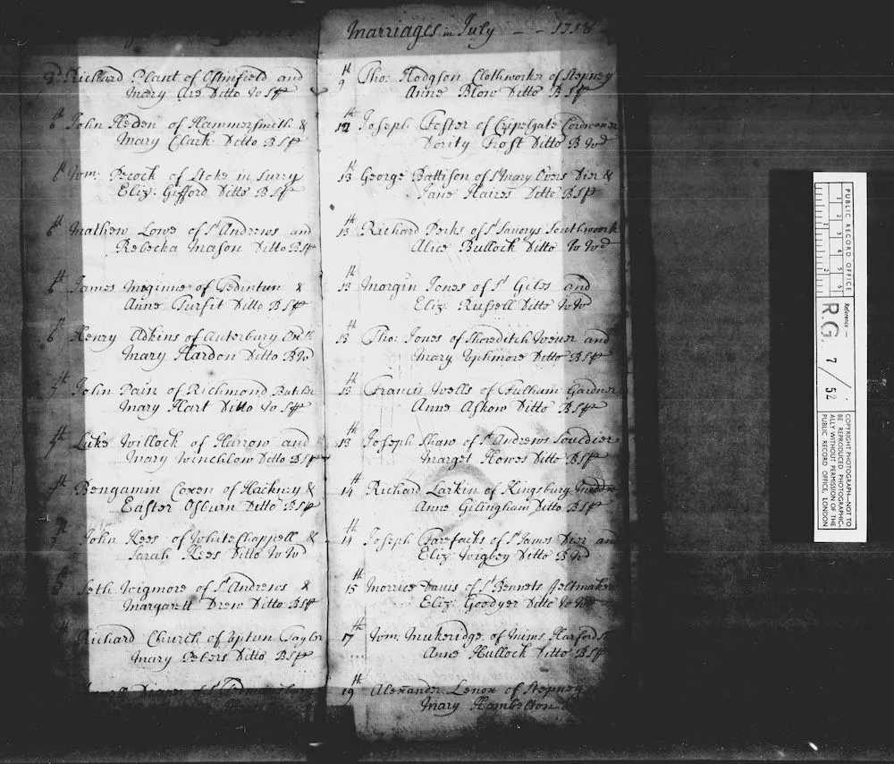A black-and-white image of a chapel register with handwritten details about clandestine marriages from June 1718 to December 1721