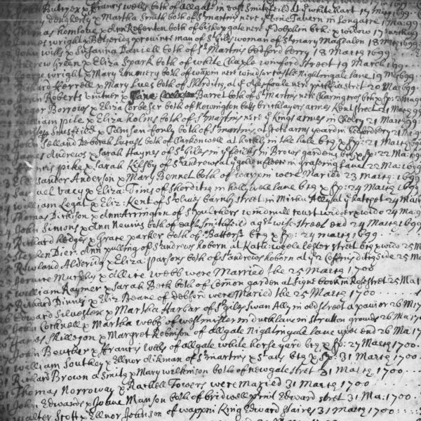 Blank and white image of a handwritten register listing clandestine marriages from 1700