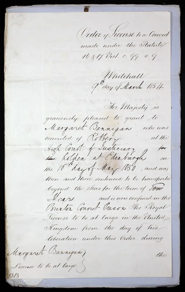 Handwritten licence of liberation for Margaret Bannigan