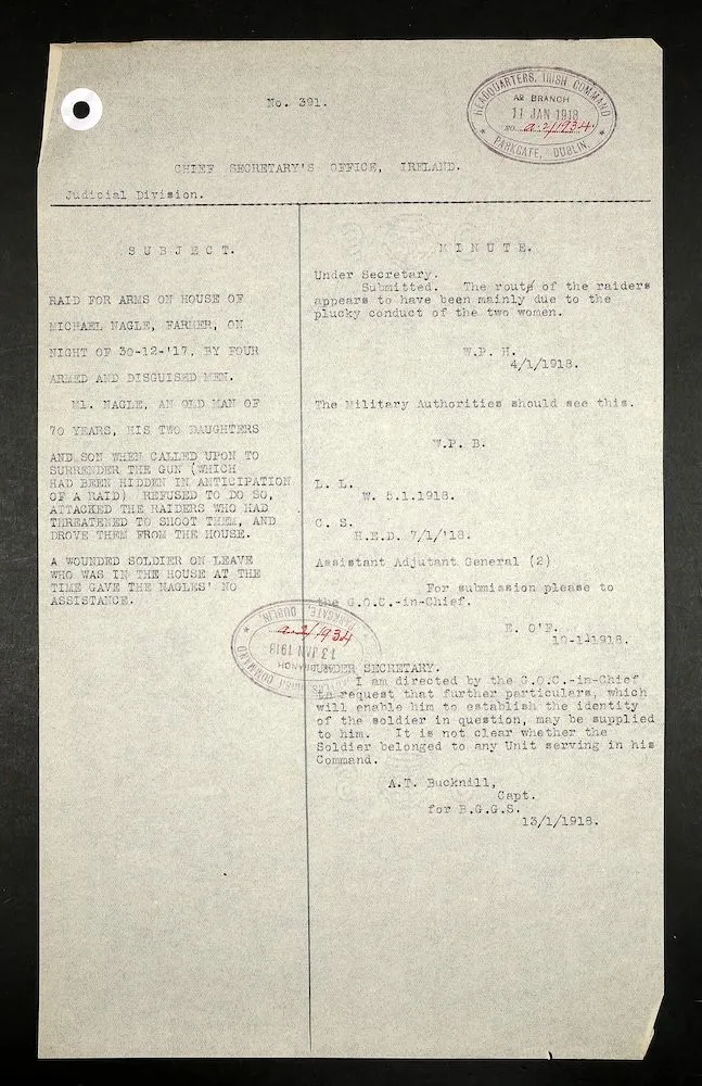Typed minutes from the Chief Secretary's Office for Ireland regarding civilians tried by courts martial