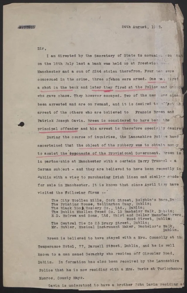 A typed letter with sentences underlined in red pencil, recounting the criminal activities of Francis Breen who is accused of being an Irish Republican sympathiser  
