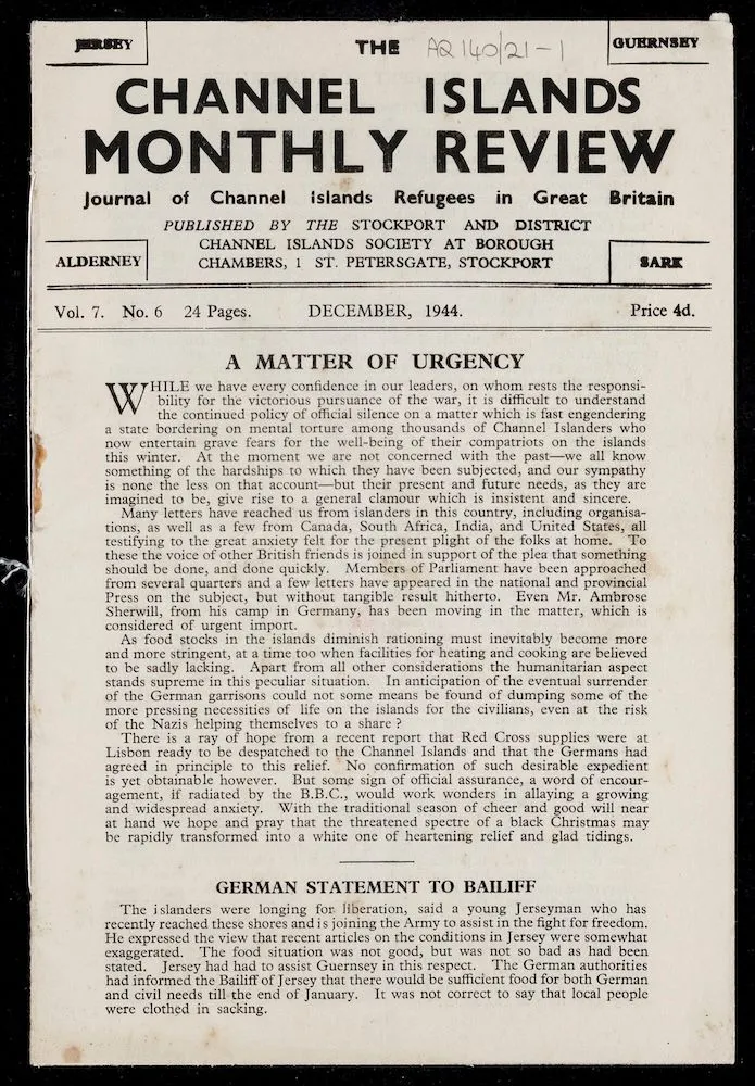 Front page of the Channel Islands Monthly Review, December 1944 issue 
