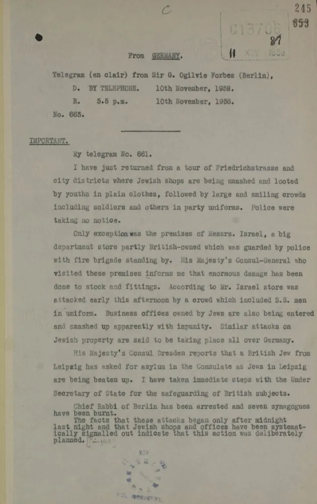 Typed telegram by Sir G. Ogilvie Forbes recounting the events of the night of broken glass