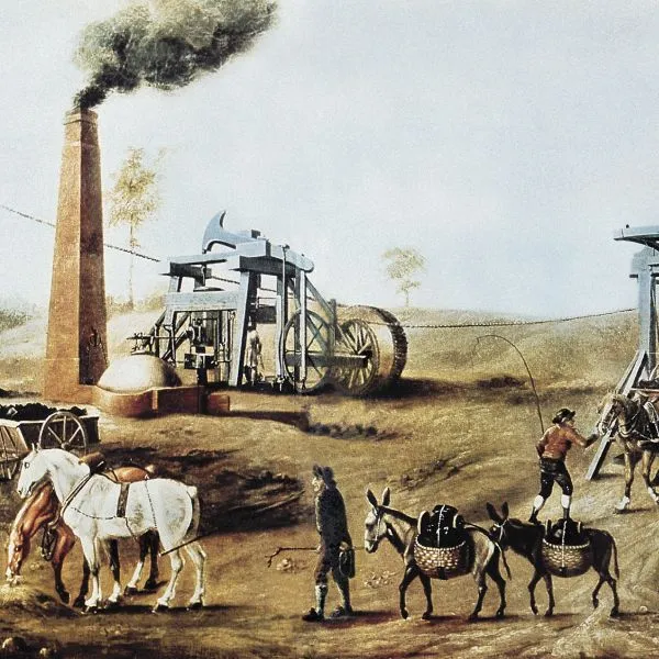 Oil painting of the eighteenth-century industrial revolution showing the exploitation of a coal mine using a Newcomen’s engine
