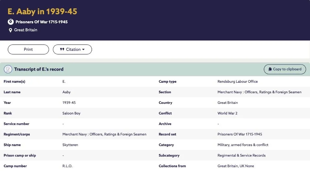 Transcript from a record related to an individual called E. Aaby 
