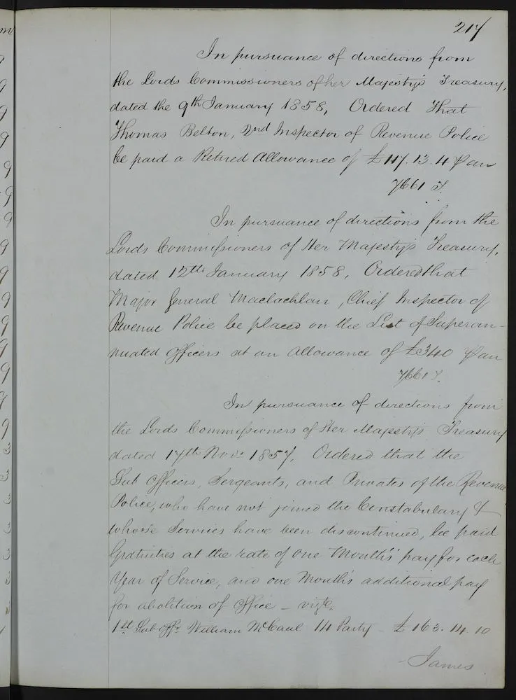 Handwritten record from the Irish Revenue Police’s 1854-1857 minutes of appointments 