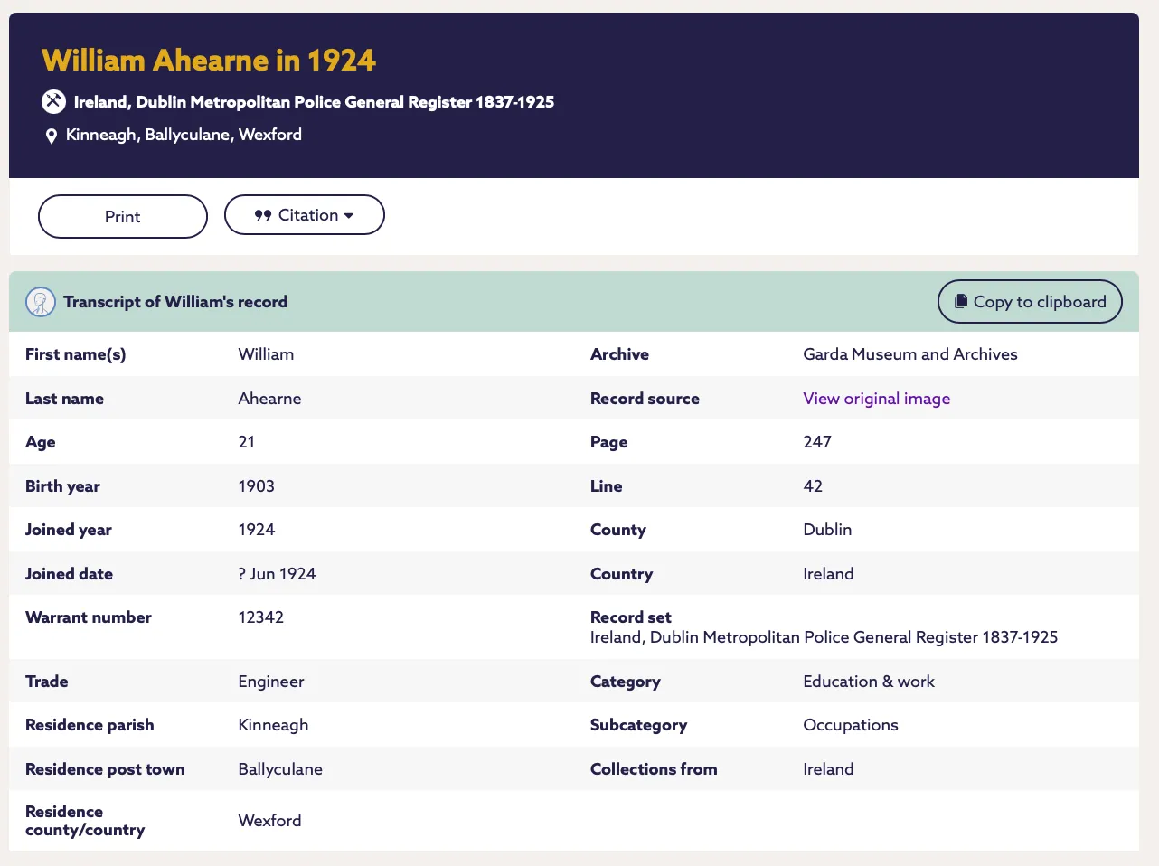 Transcript from the Dublin Metropolitan Police General Register 1837-1925