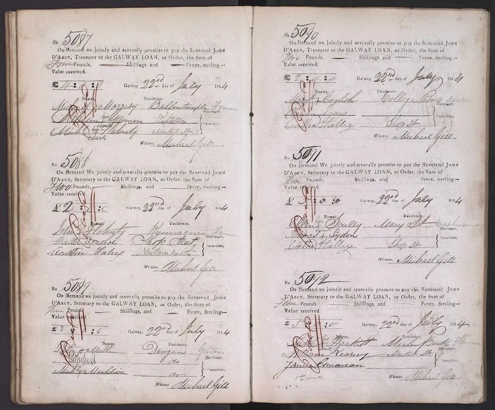 Typed form filled in on handwritten script in a security notebook from the Irish Reproductive Loan Fund listing borrowers