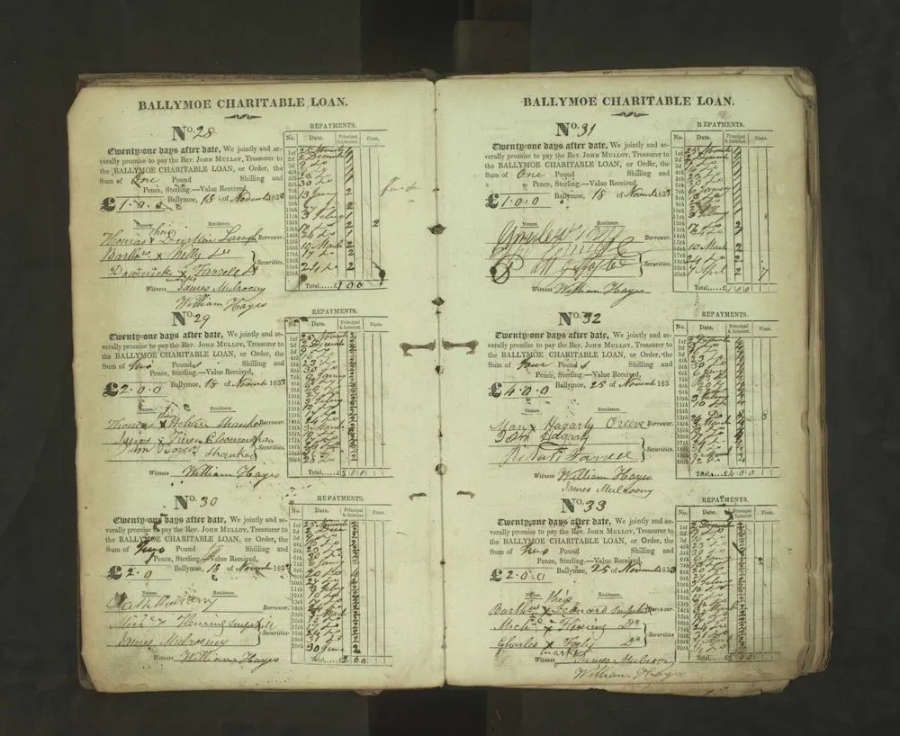 Typed form filled in on handwritten script with charitable loan repayments between 1833 and 1836 in Ballymoe, Roscommon