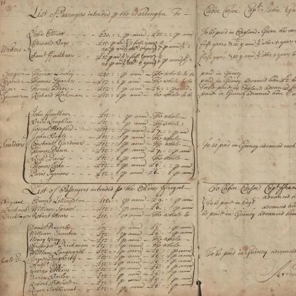 Digitised image of a historical document with handwritten text containing a list of passengers aboard the Warrington 
