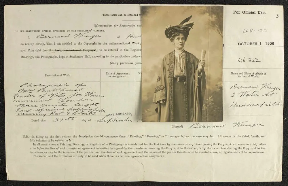 Form registering the copyright of a photograph of Mrs Emmeline Pankhurst, leader of the Votes for Women movement, taken by Bernard Kruger