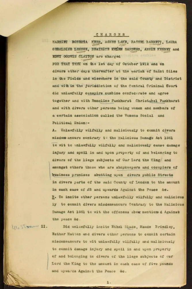 Typed document stating the charges against Harriet Kerr and other suffragettes 