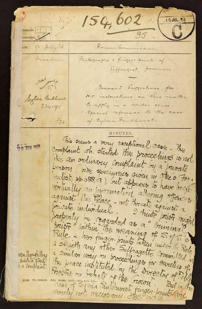 A handwritten cover for a report concerning photographs and fingerprints of Sylvia Pankhurst 