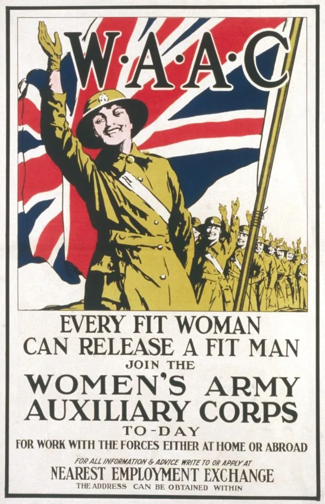 Women’s Army Auxiliary Corps recruitment poster featuring a woman in uniform saluting in front of a Union Jack flag