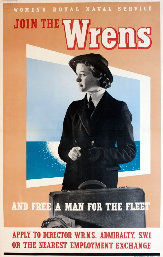 Recruitment poster for the Women's Royal Naval Service featuring a woman in a dark uniform with bold text