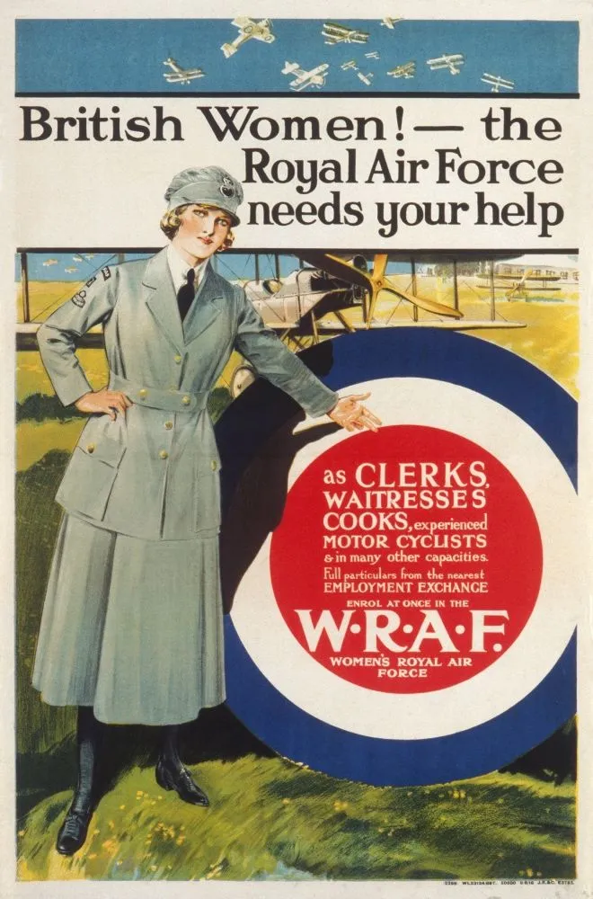 First World War recruitment poster for the Women's Royal Air Force featuring a woman in uniform