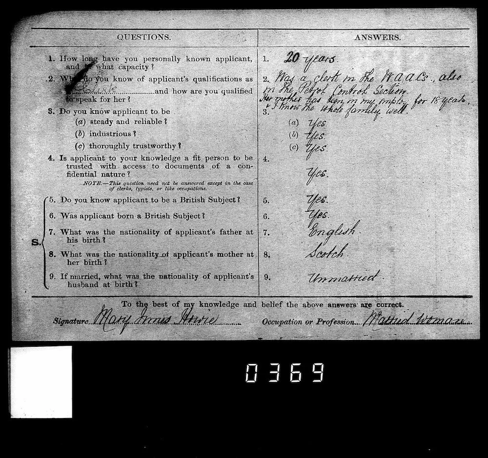 A black-and-white image of a reference questionnaire, part of a British government record, with typed questions on the left and handwritten responses on the right