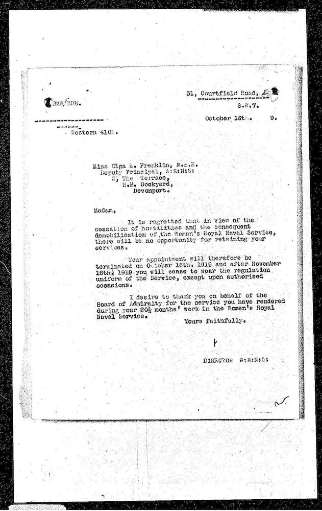 A black-and-white typed letter informing an officer about demobilisation from the Women's Royal Naval Service in 1919