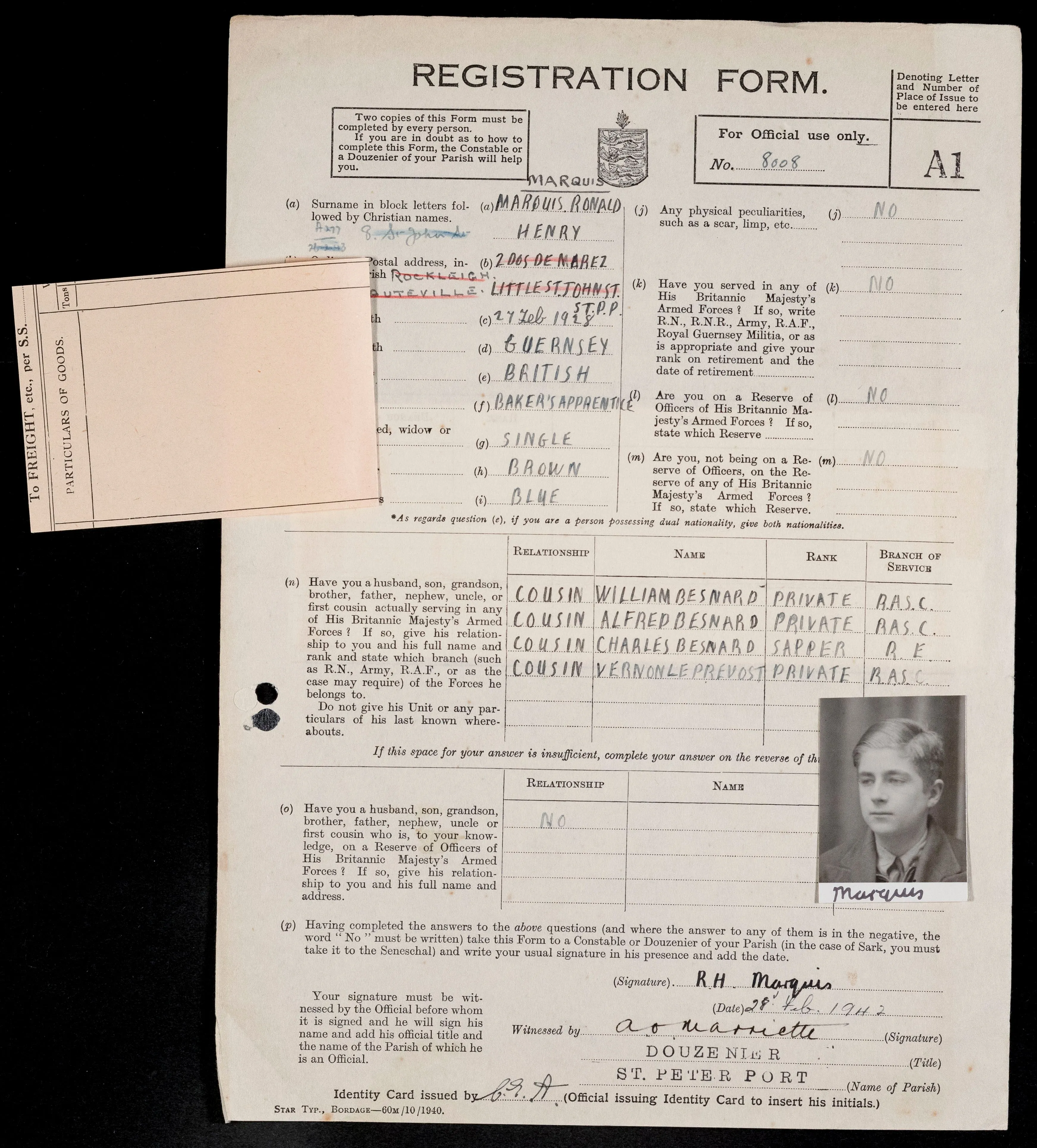 German Occupation ID form from Ronald Henry Marquis, containing his black-and-white photograph 