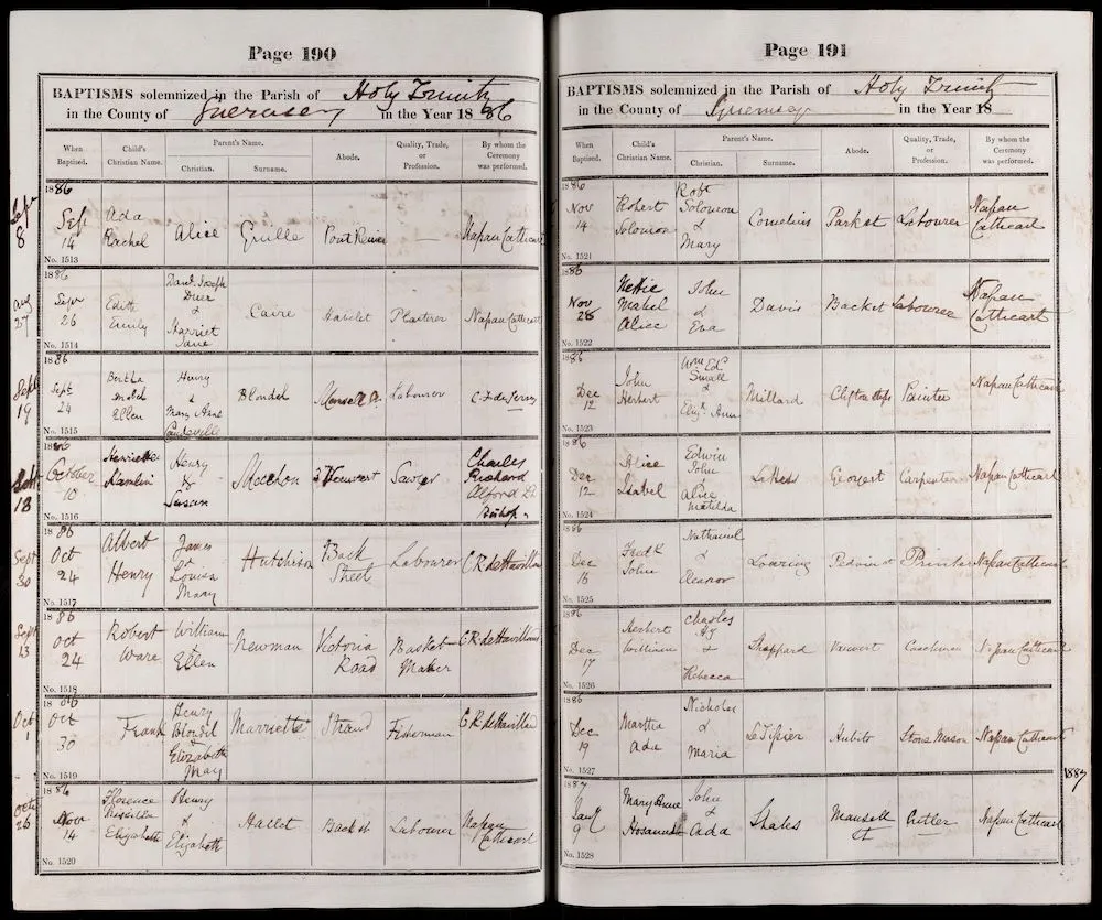 Handwritten page in a baptisms book from St Peter Port in Guernsey