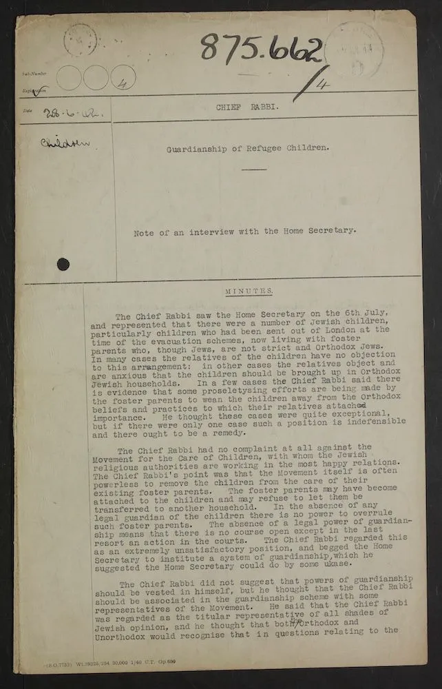 Typed minutes from a meeting between the Chief Rabbi and the Home Secretary regarding the state of Jewish refugee children in 1942